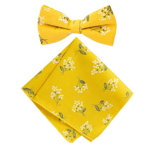 Men's Cotton Floral Bow Tie and Handkerchief Set, Mustard (Color F40)