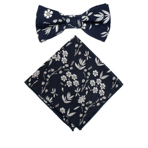 Boy's Cotton Floral Print Bow Tie and Pocket Square Set, Navy (Color F66)