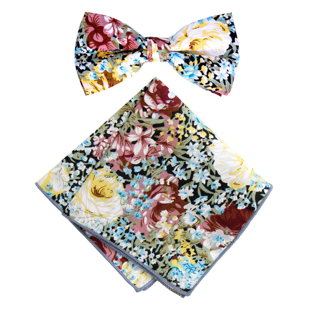 Men's Cotton Floral Bow Tie and Handkerchief Set, Black Mauve (Color F36)