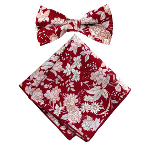 Boy's Cotton Floral Print Bow Tie and Pocket Square Set, Apple Red (Color F45)