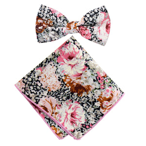 Men's Cotton Floral Bow Tie and Handkerchief Set, Black Pink (Color F34)