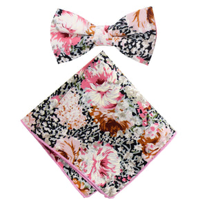 Boy's Cotton Floral Print Bow Tie and Pocket Square Set, Black Pink (Color F34)