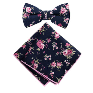 Boy's Cotton Floral Print Bow Tie and Pocket Square Set, Navy Pink (Color F38)