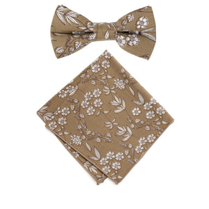 Boy's Cotton Floral Print Bow Tie and Pocket Square Set, Brown (Color F65)