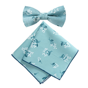 Men's Cotton Floral Bow Tie and Handkerchief Set, Light Blue (Color F14)