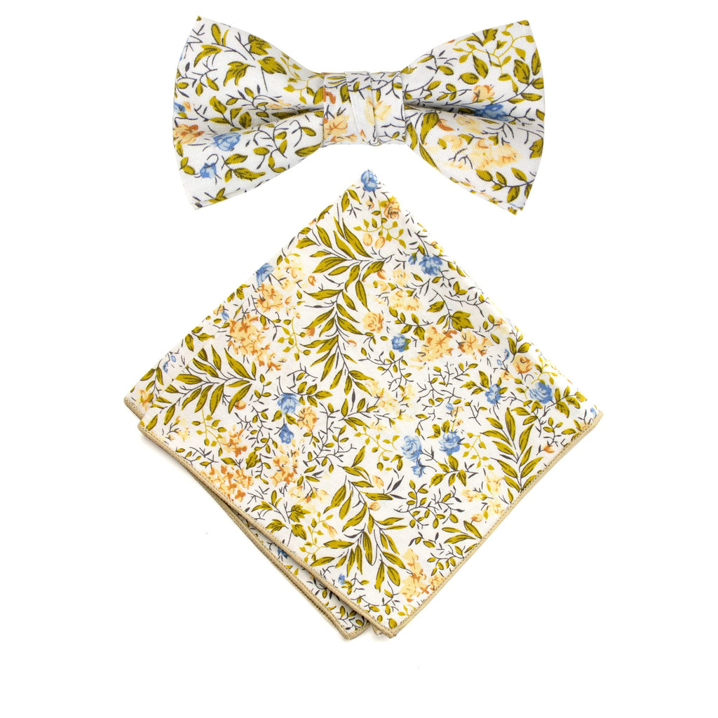 Boy's Cotton Floral Print Bow Tie and Pocket Square Set, Yellow Blue (Color F63)