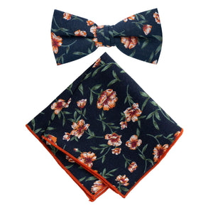 Men's Cotton Floral Bow Tie and Handkerchief Set, Navy Orange (Color F35)