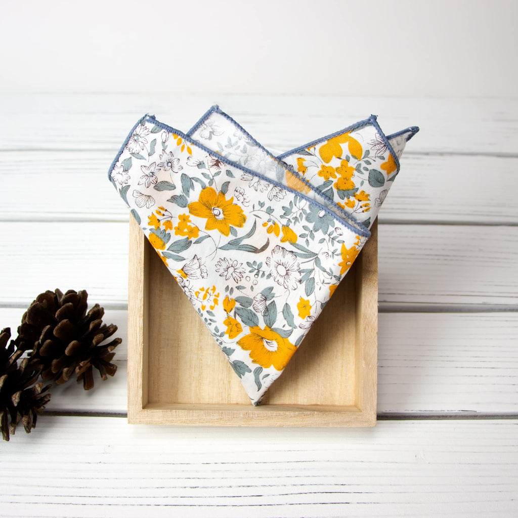 Boy's Cotton Floral Print Bow Tie and Pocket Square Set, Marigold (Color F49)