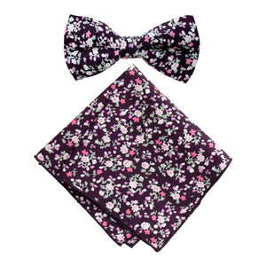 Men's Cotton Floral Bow Tie and Handkerchief Set, Purple (Color F20)