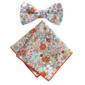 Boy's Cotton Floral Print Bow Tie and Pocket Square Set, Blue Pink (Color F27)