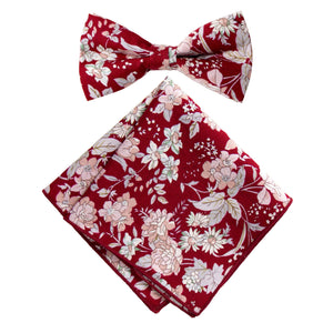 Men's Cotton Floral Bow Tie and Handkerchief Set, Apple Red (Color F45)