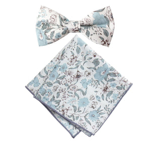 Men's Cotton Floral Bow Tie and Handkerchief Set, Dusty Blue (Color F48)