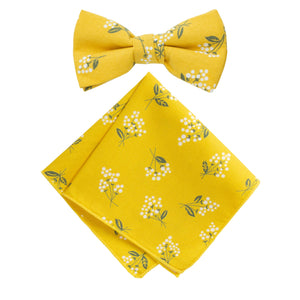 Boy's Cotton Floral Print Bow Tie and Pocket Square Set, Mustard (Color F40)