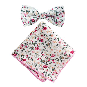 Men's Cotton Floral Bow Tie and Handkerchief Set, White (Color F22)
