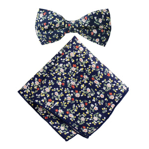 Men's Cotton Floral Bow Tie and Handkerchief Set, Navy (Color F21)
