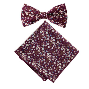 Men's Cotton Floral Bow Tie and Handkerchief Set, Wine (Color F47)