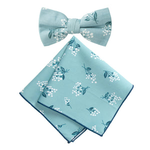 Boy's Cotton Floral Print Bow Tie and Pocket Square Set, Light Blue (Color F14)