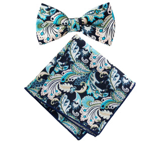 Boy's Cotton Floral Print Bow Tie and Pocket Square Set, Marine (Color F50)