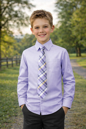 Boys' Cotton Blend Dress Shirt and Matching Necktie Set, Lilac-81
