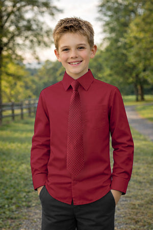Boys' Cotton Blend Dress Shirt and Matching Necktie Set, Red-54