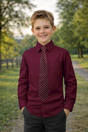 Boys' Cotton Blend Dress Shirt and Matching Necktie Set, Burgundy-10