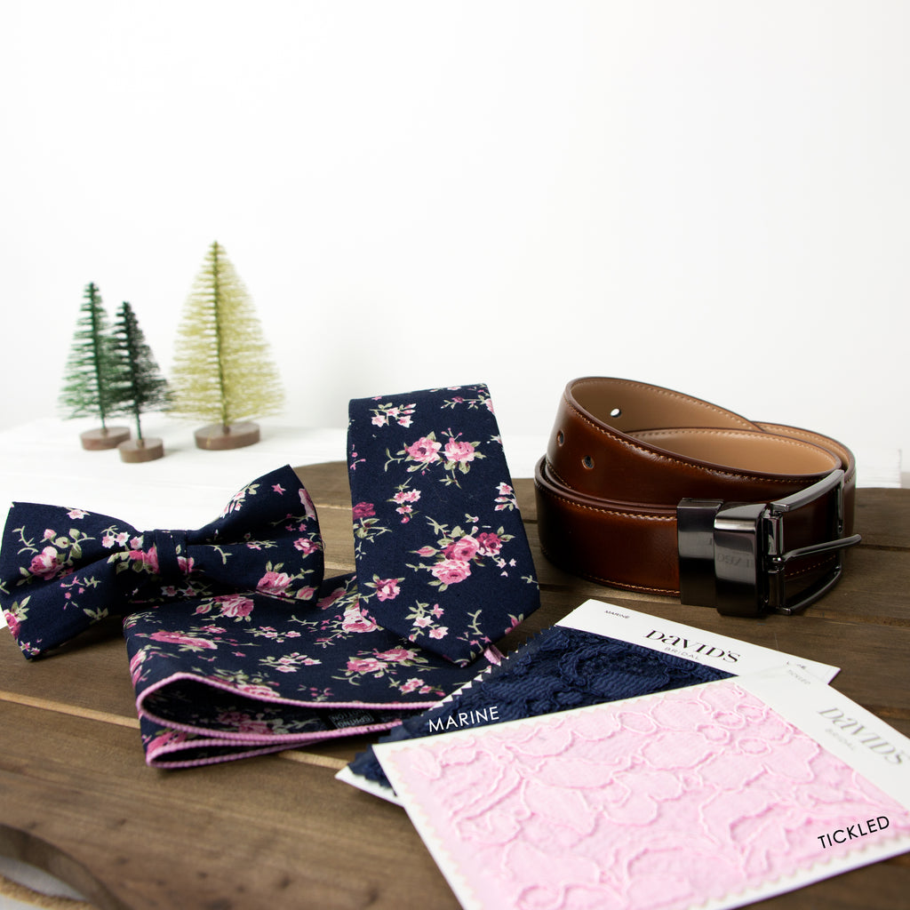 Men's Floral Necktie and Pocket Square Handkerchief Hanky Set, Navy Pink (Color F38)