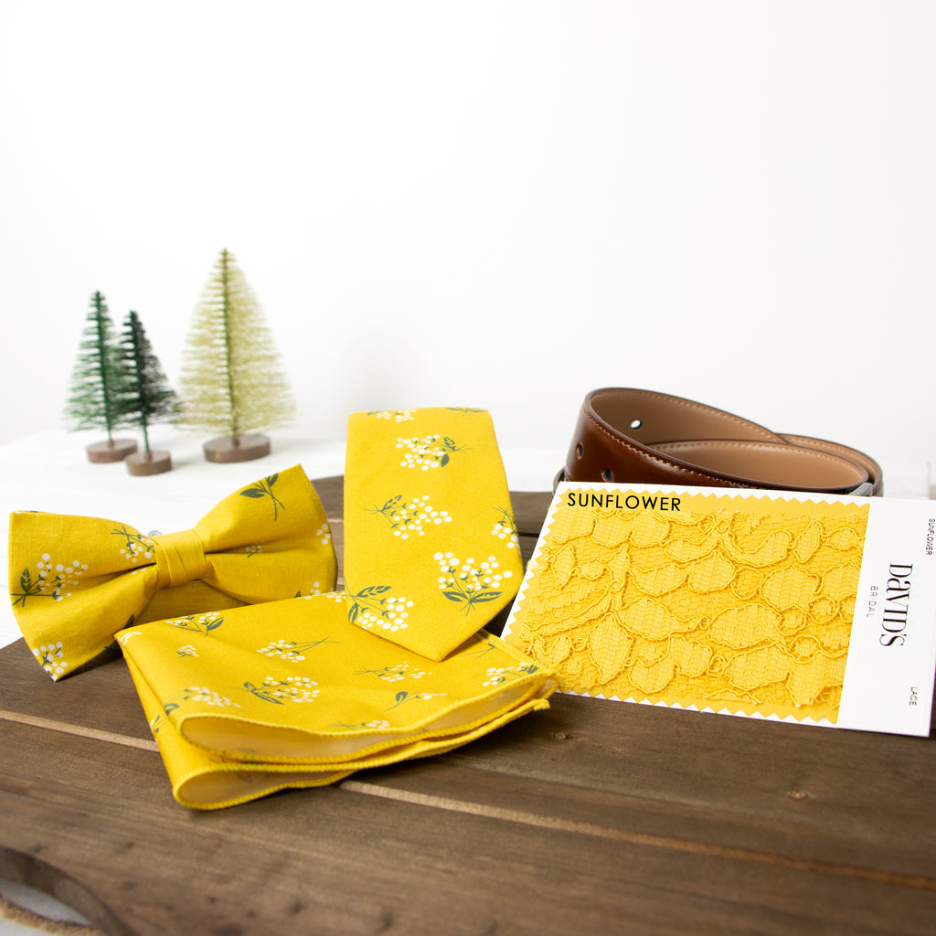 Boys' Cotton Floral Print Zipper Necktie and Pocket Square Set, Mustard (Color F40)