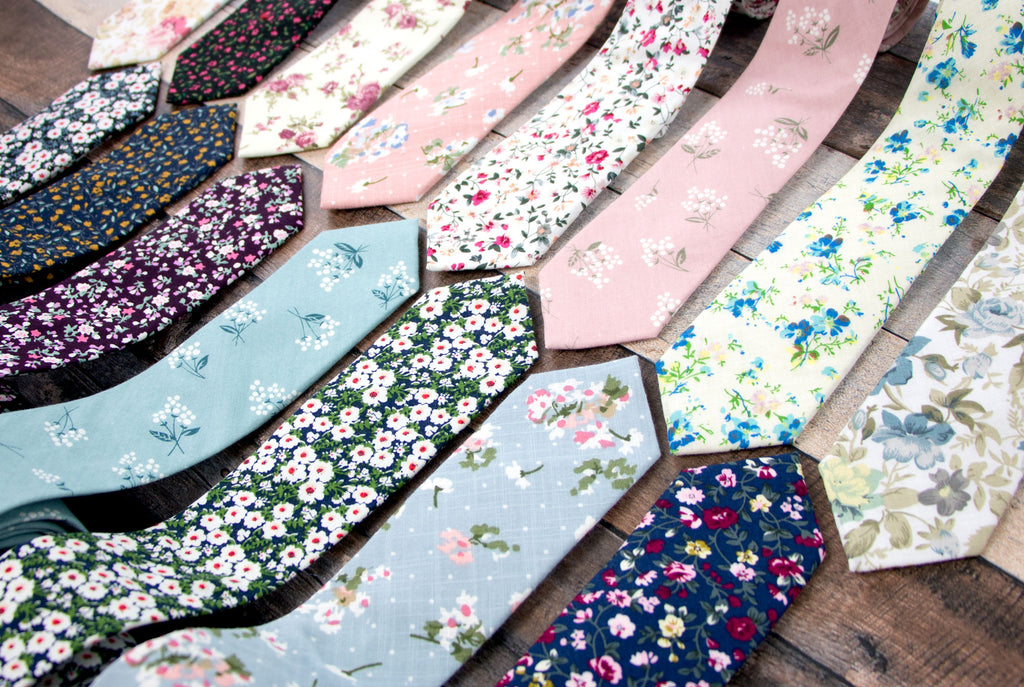 Men's Cotton Printed Floral Skinny Tie, Blue/Pink (Color F27)