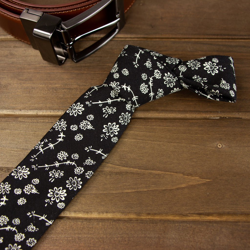 Men's Cotton Printed Floral Skinny Tie, Black/White (Color F01)