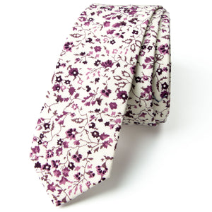 Men's Cotton Printed Floral Skinny Tie, Ivory/Red (Color F02)