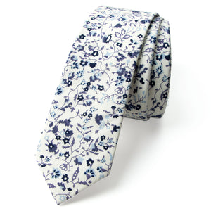 Men's Cotton Printed Floral Skinny Tie, Ivory/Blue (Color F03)