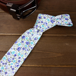 Men's Cotton Printed Floral Skinny Tie, White/Blue (Color F07)