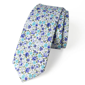 Men's Cotton Printed Floral Skinny Tie, White/Blue (Color F07)