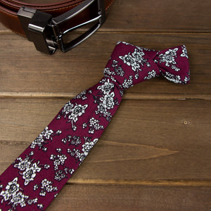 Men's Cotton Printed Floral Skinny Tie, Red/White (Color F09)
