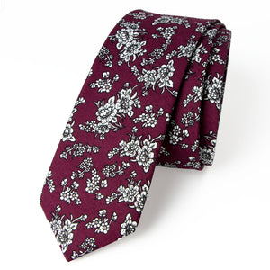 Men's Cotton Printed Floral Skinny Tie, Red/White (Color F09)