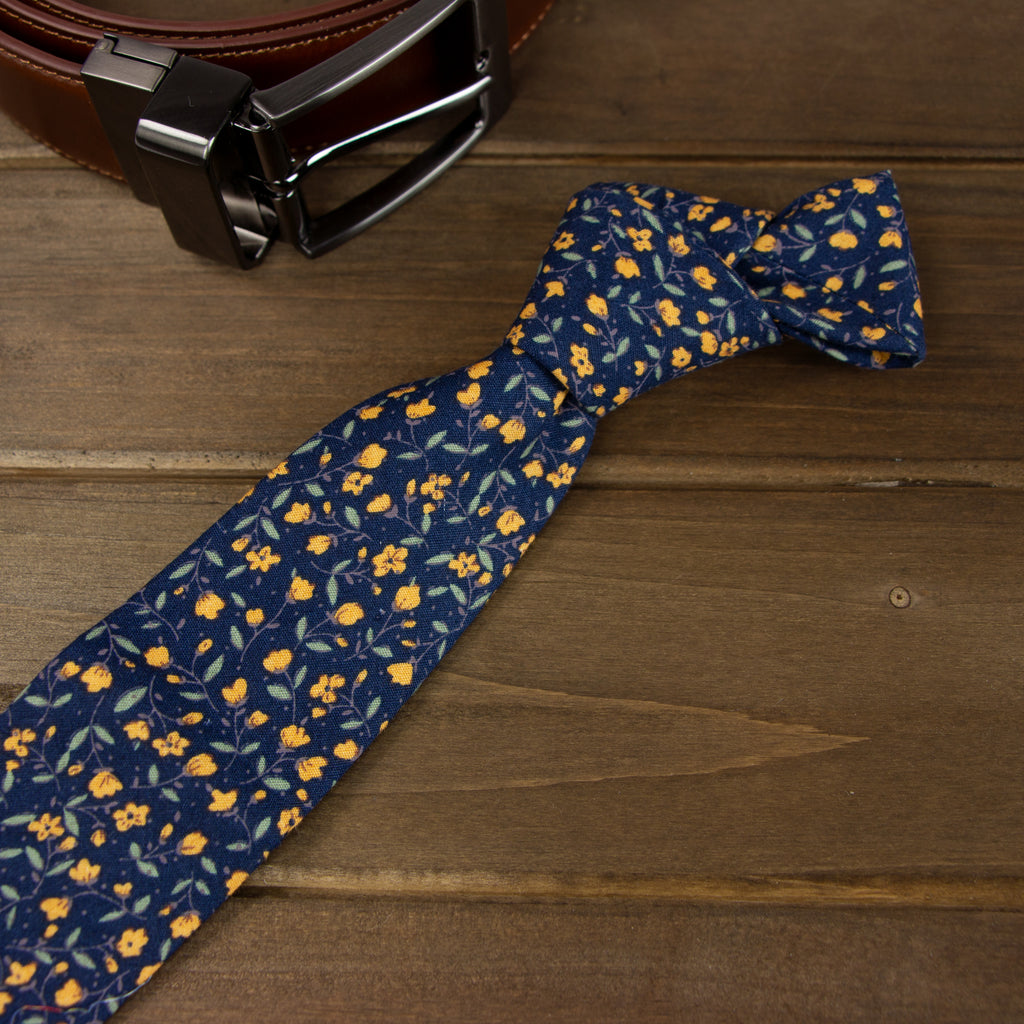 Men's Cotton Printed Floral Skinny Tie, Navy/Orange (Color F11)