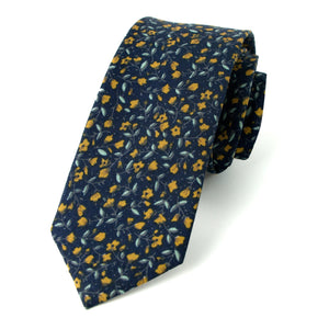 Men's Cotton Printed Floral Skinny Tie, Navy/Orange (Color F11)