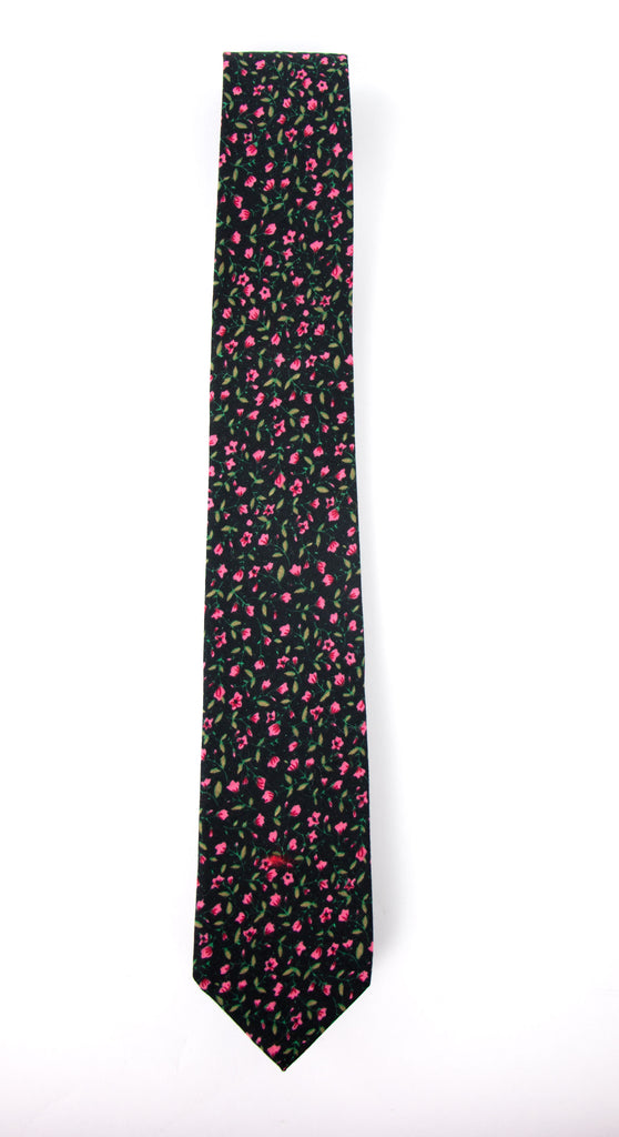 Men's Cotton Printed Floral Skinny Tie, Black/Pink (Color F12)