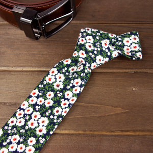 Men's Cotton Printed Floral Skinny Tie, Green/Red (Color F16)