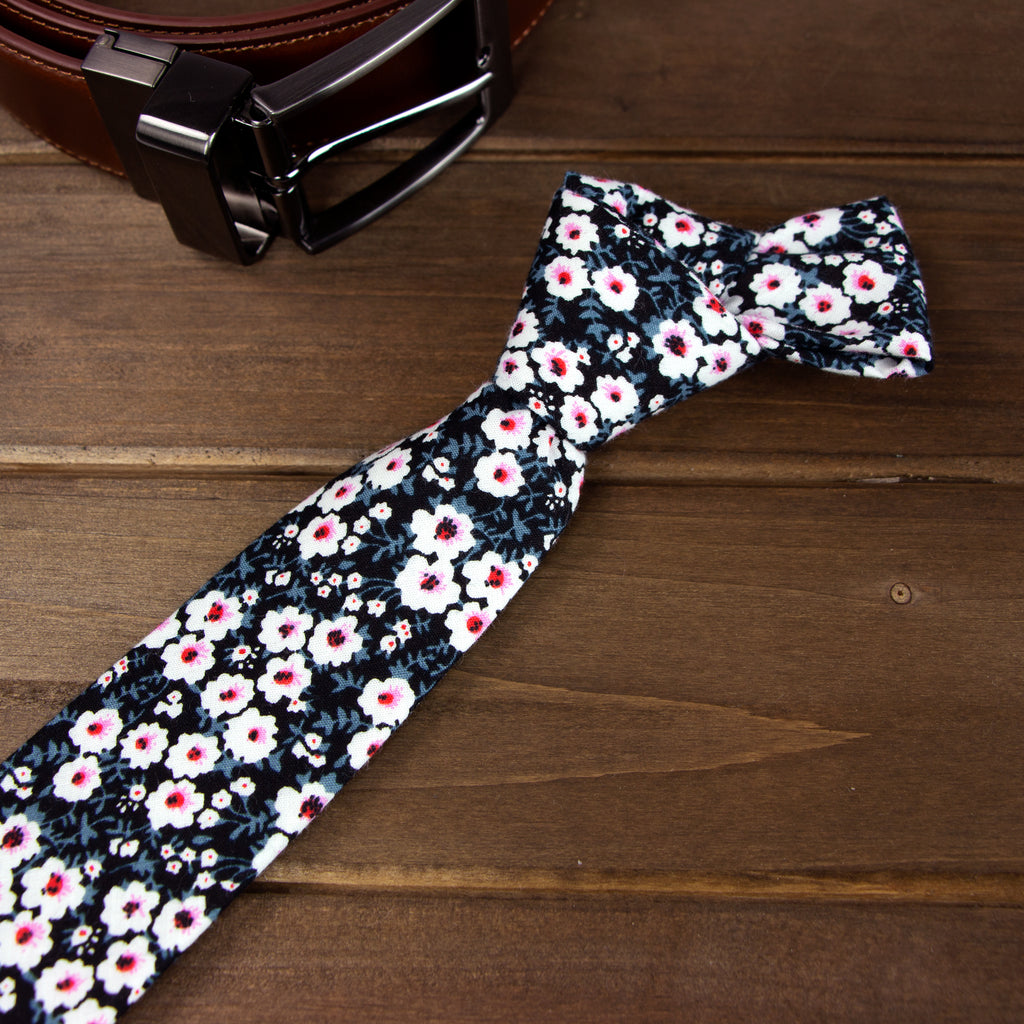 Men's Cotton Printed Floral Skinny Tie, Blue/Pink (Color F17)