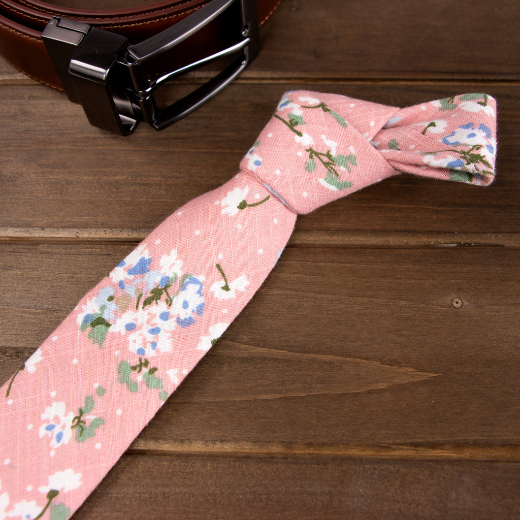 Men's Cotton Printed Floral Skinny Tie, Light Pink/Blue (Color F18)