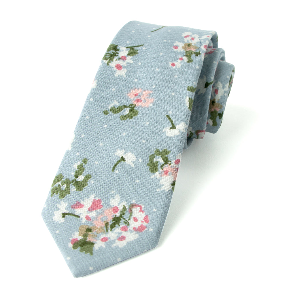 Men's Cotton Printed Floral Skinny Tie, Light Blue/Red (Color F19)