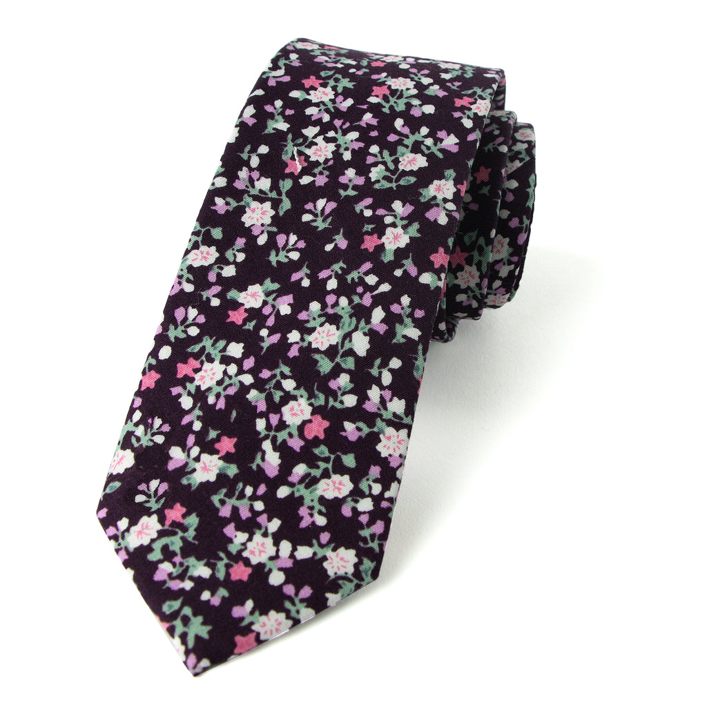 Men's Cotton Printed Floral Skinny Tie, Purple/Red (Color F20)
