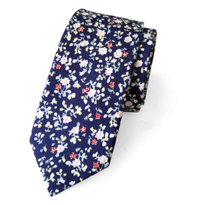 Men's Cotton Printed Floral Skinny Tie, Navy/Yellow (Color F21)