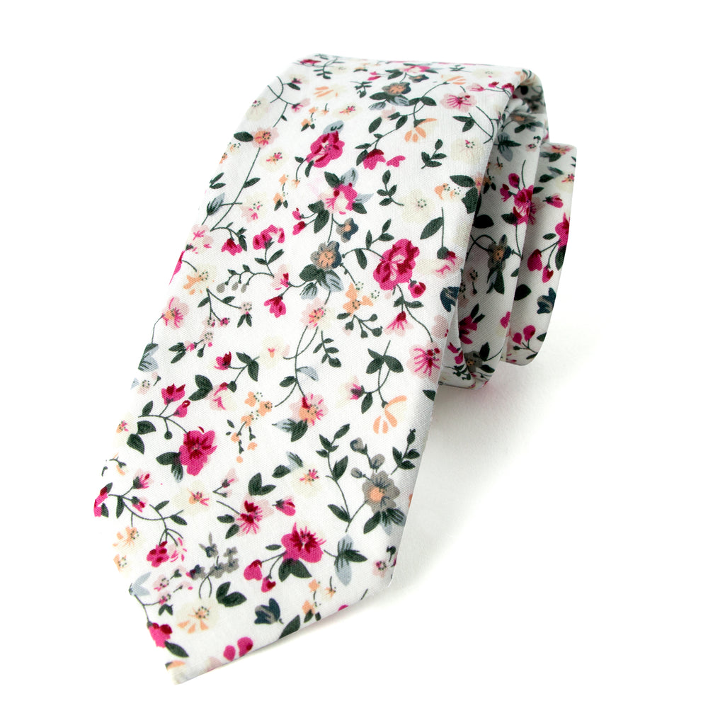 Men's Cotton Printed Floral Skinny Tie, White/Red (Color F22)
