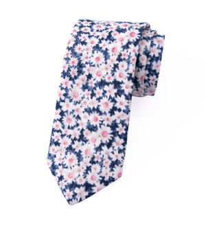 Men's Cotton Printed Floral Skinny Tie, Blue/Pink (Color F28)