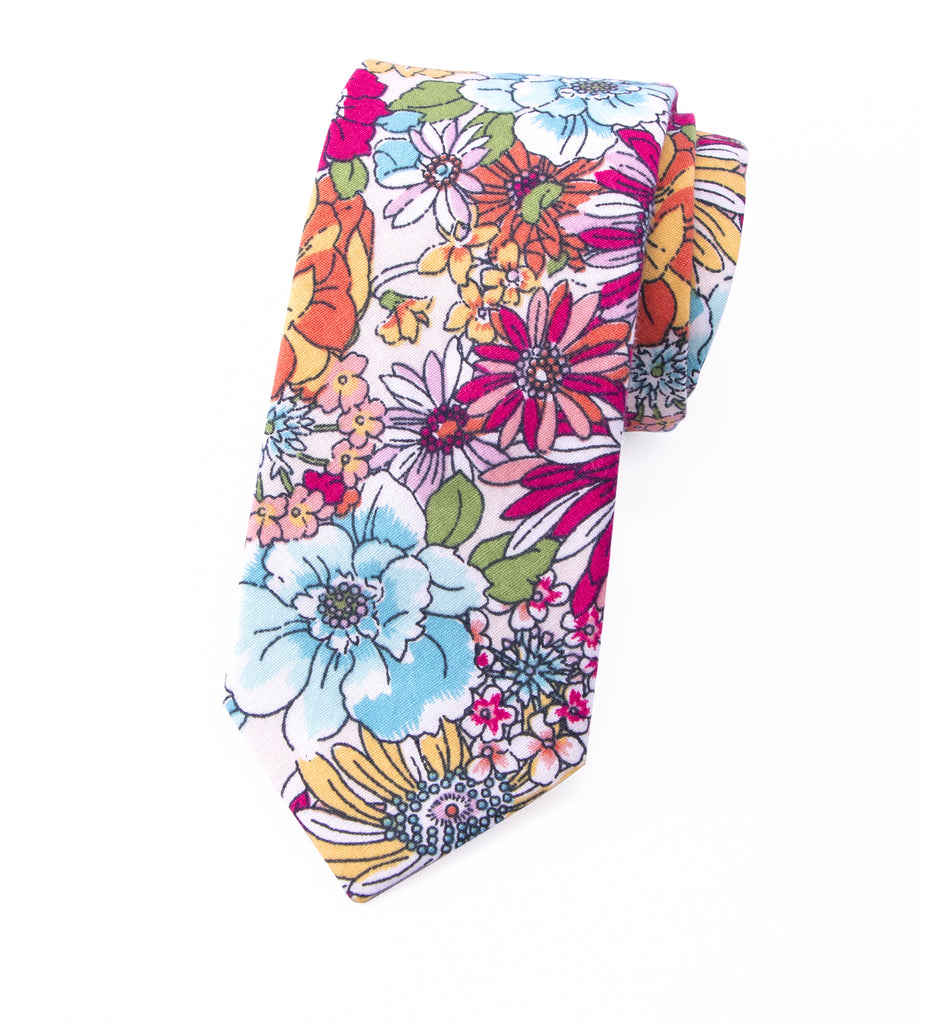 Men's Cotton Printed Floral Skinny Tie, Blue/Red (Color F30)