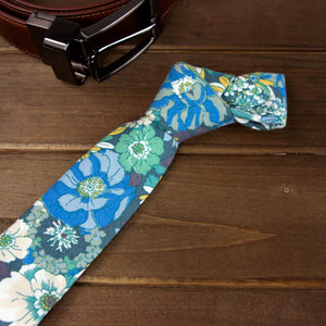 Men's Cotton Printed Floral Skinny Tie, Blue (Color F31)
