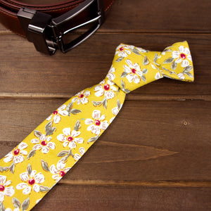 Men's Cotton Printed Floral Skinny Tie, Mustard (Color F32)