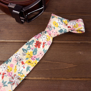 Men's Cotton Printed Floral Skinny Tie, Ivory (Color F33)